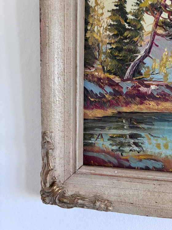 Image 1 of Peinture à l'huile originale vintage représentant un paysage de montagne et de rivière, encadrée