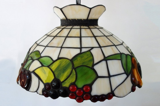 Tiffany style Pendant lamp with fruit motif, 90s, Glass, Metal, Creme (photo 8 of 14)