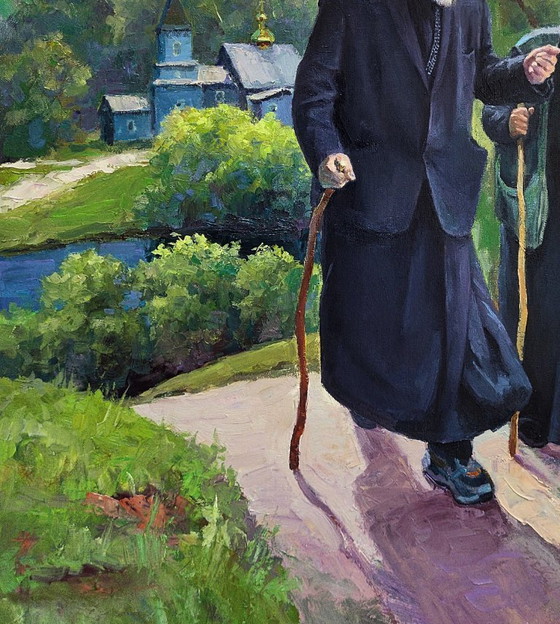 Original Oil Painting Monks Landscape From Sunday Service – Paintings & Drawings, Canvas (photo 6 of 7)