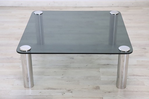 Table basse carrée en métal chromé et verre fumé, Italie, années 1970