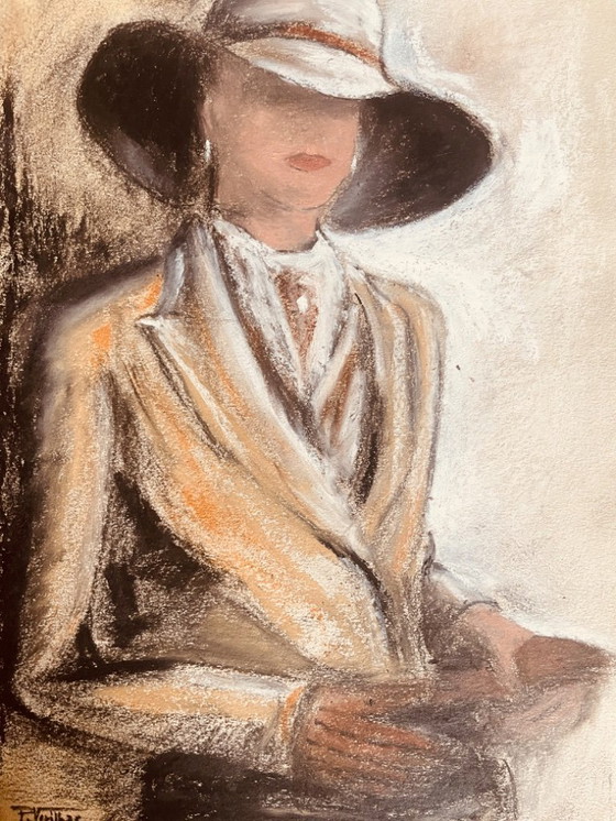Image 1 of Gesigneerd pastel schilderij, vrouwenportret "elegantie"