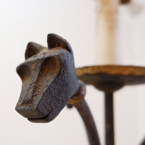 Image 1 of Wrought-iron tripod floor lamp adorned with stylized animal heads