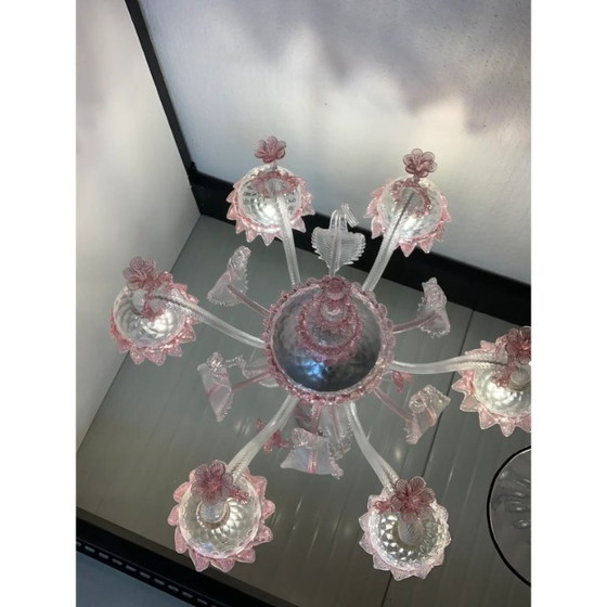 Image 1 of Kronleuchter aus transparentem und rosafarbenem Muranoglas mit Blumen- und Blattmotiven