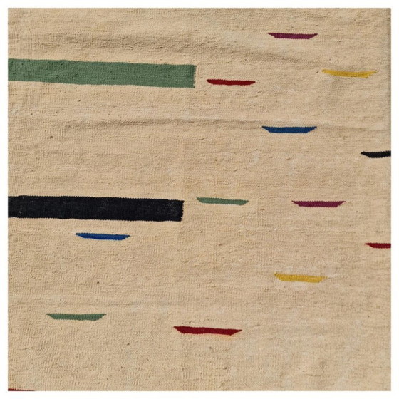 Alfombra Kilim tejida a mano | Diseño Ikat moderno | Lana sobre algodón | Beige (98 × 69 pulgadas) – Wool (photo 3 of 11)