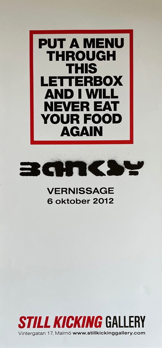 Image 1 of Affiche d'exposition Banksy, Vernissage 2012, Put a Menu, Still Kicking Gallery, Malmo