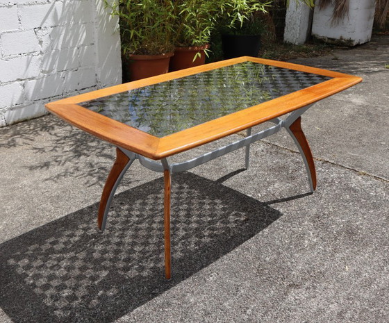 Image 1 of Italiaanse eettafel van glas, hout en metaal - Italiaanse design eettafel - jaren 80