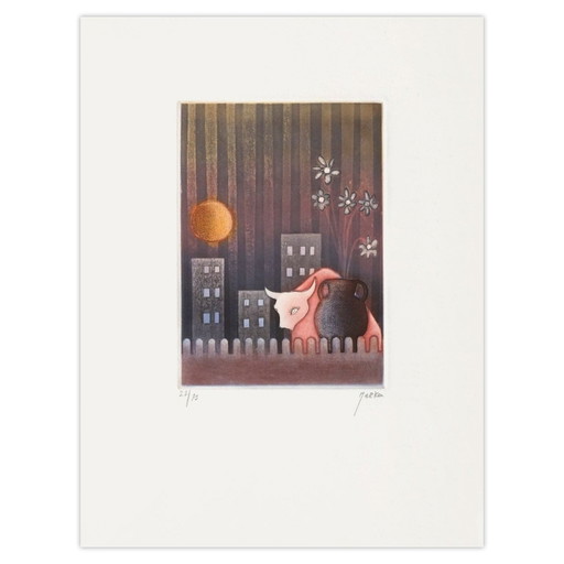 Moshé Malka ondertekende ets roze Taureau 1980 – lithos zeefdrukken, Paper (photo 2 of 5)
