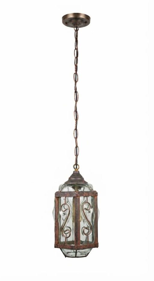 Brutalist Hexagonal Hanging Lantern of Forged Iron and Mouth-Blown Cage Glass – 60s/70s – hanglampen (photo 2 of 9)