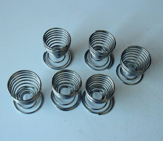 Vintage 6 Stainless Steel Spiral Design Egg Cups, Table accessories, Metal, Silver, Minimalisme (photo 6 of 6)