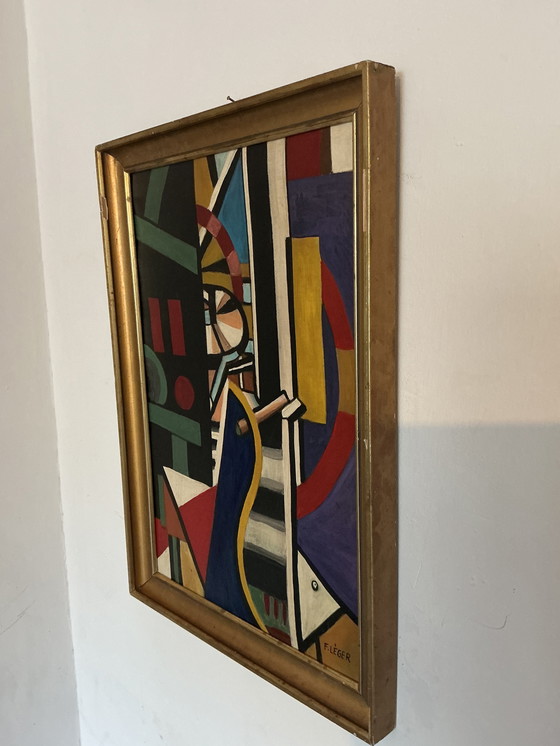 Image 1 of Dipinto astratto in stile cubista – Firmato – Olio su tela con cornice dorata