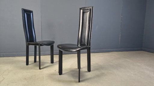 Vintage black leather dining chairs, set of 4, 1980s