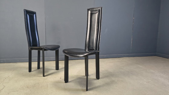 Image 1 of Vintage black leather dining chairs, set of 4, 1980s