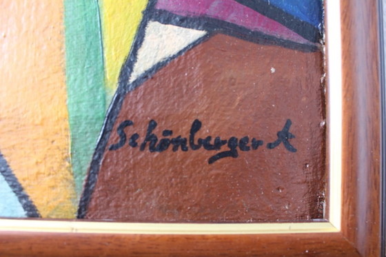 Image 1 of Ritratto modernista di metà secolo, monogramma firmato 'P D' - Dipinto ad olio cubista vibrante