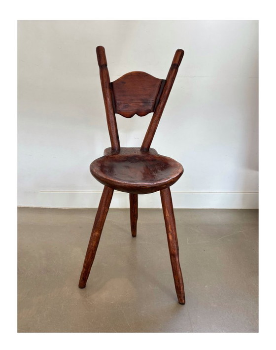 Image 1 of Antieke houten boerderij driepoot (bijzet)stoel, jaren 1900