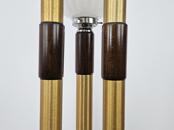 Image 1 of Lámpara de pie de cristal de Murano de mediados de siglo en madera y metal con tres puntos de luz, década de 1970