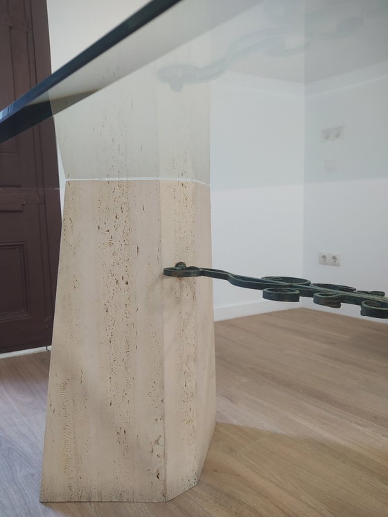Image 1 of Elegant Glass and Travertine Table