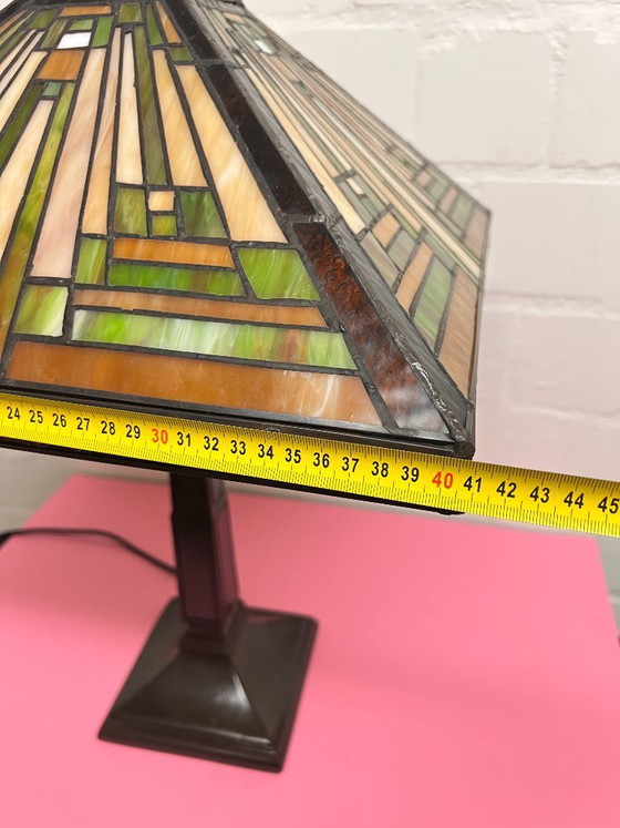 Image 1 of Large Tiffany Style Pyramid Art Deco Table Lamp, Library Lamp