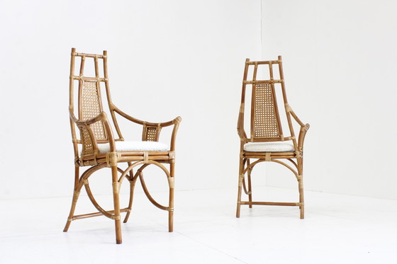 Image 1 of Fauteuils vintage en rotin avec coussins bouclés 1970
