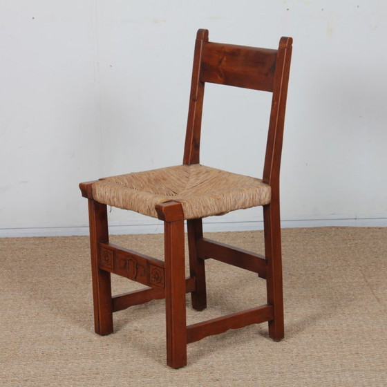 Image 1 of Set of 6 straw-seated wooden chairs, French work, 1950