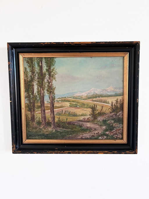 Peinture à l'huile originale vintage représentant un paysage champêtre : art mural représentant la nature de la campagne