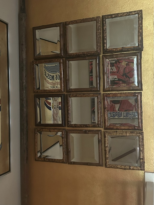 Collection of 12 Antique Faceted Mirrors in Mitered Bamboo Frame