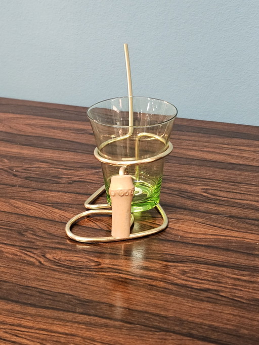 Estante para aperitivos vintage de cristal verde con soporte de latón – glazen karaffen, Glass (photo 2 of 5)
