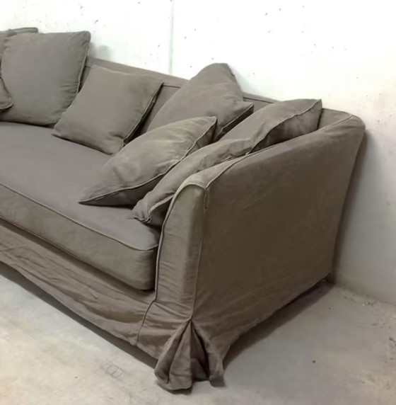 Image 1 of Kwalitatieve groen grijze sofa in denimstof in een zeer nette staat