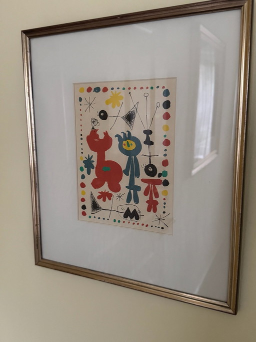Joan Miró – „Personnage et oiseaux“ (1948) – High-Quality Vintage Lithograph, Framed