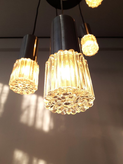 Suspension cascade vintage avec 5 coupelles en verre transparent bullé, lustre en verre chromé style Mid-Century Modern