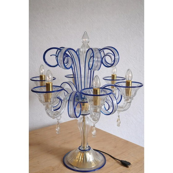 Image 1 of Table Lamp Murano Glass 5 Arms in Clear and Blue