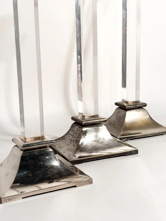 Set of 3 1970s Plexiglass and Silver-Plated Metal Candle Holders – Decorative Objects (photo 9 of 12)