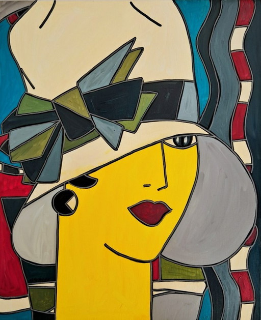 Patricia KLEYMAN - Ritratto di una graziosa giovane donna con un cappello bianco - Dipinto dell'artista