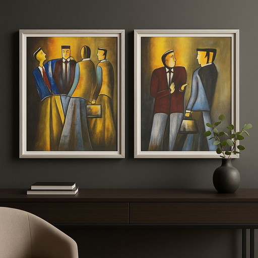 Set of 2 modern paintings - signed B. W... - 55×65 cm
