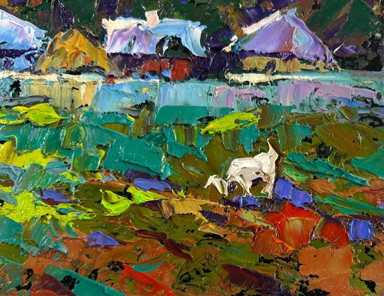 Image 1 of Original Oil Painting Summer Houses Landscape On the edge of the village — time stops