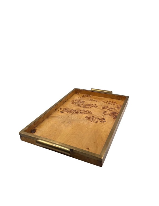 Image 1 of Hollywood regency brass & burl tray, Italy 1970s