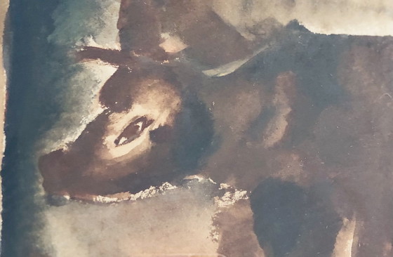 Image 1 of Jean Timmermans (1899-1986) - Mucche e contadino nella stalla Acquerello - Firmato a mano - 1930