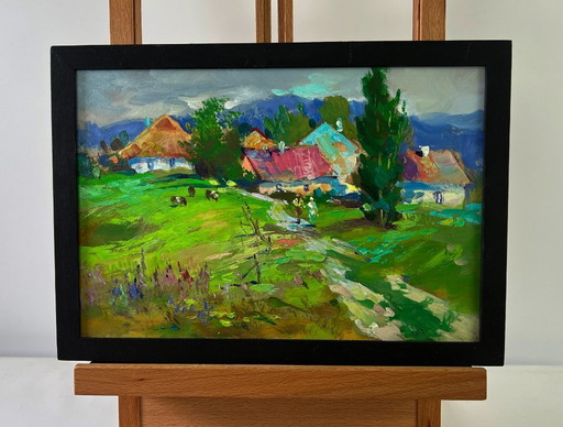 Original Oil Painting Summer Village Landscape Path Leading To A Rural Field