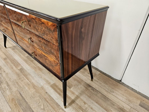 Mid-century chest of drawers in mahogany, glass and brass