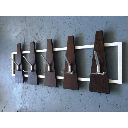 Vintage wenge and alloy wall coat rack, 1950