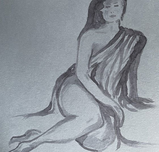 Image 1 of Aquarelle Monochrome sur Papier Denim - Portrait Féminin