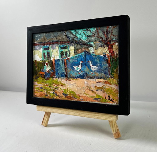 Original Oil Painting Autumn Village Landscape Silence of waiting