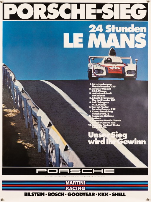 Porsche Sieg 24 Stunden Le Mans 1976 – Originele Vintage Porsche Poster van Werbeagentur Strenger – Mid-Century Modern – 102x76 