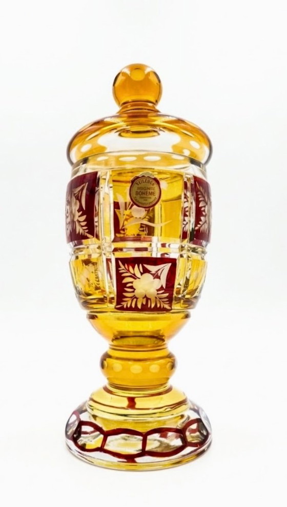 Vaso con coperchio Veritable Boheme in vetro ambra e rosso, Oggetti decorativi, Vintage (foto 2 di 7)
