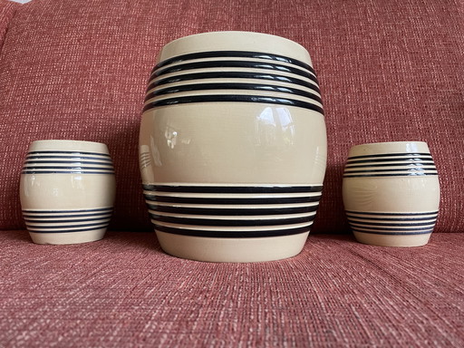 3 Antique Ironstone Storage Jars Yellow With Black/Blue Petrus Regout & Co Maastricht