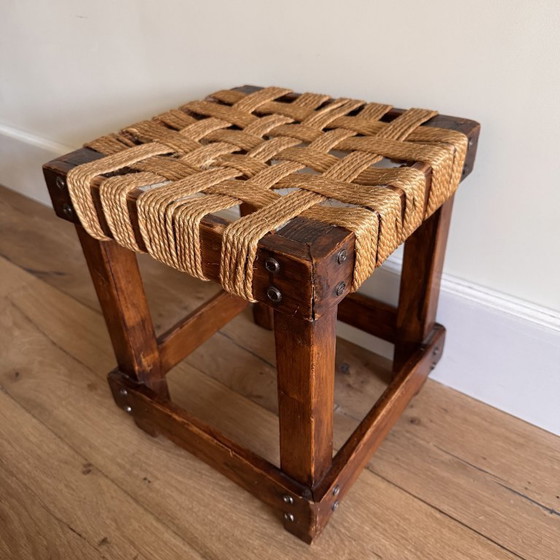 Image 1 of Dutch Brutalist Stool, Oak & Rope – ca. 1960
