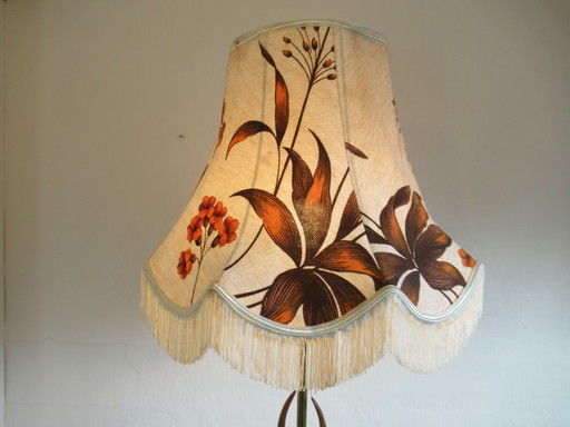 Large lampshade with fringes in vintage style, brown, orange and cream with flower and leaf pattern