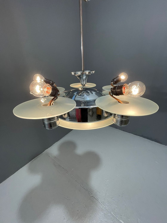 Image 1 of 1930s Art Deco Chrome Chandelier with Frosted Glass Disc Shades – Czech Vintage Lighting