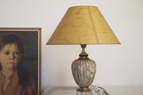 Image 1 of Vintage Italian Neoclassical Urn Table Lamp Faux Marble Stone Ceramic Lamp Parchment Shade Organic Modern Mediterranean Lighting