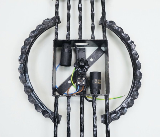 Image 1 of mid century brutalist style wrought iron and glass wall lamp sconce 1960s 1970s