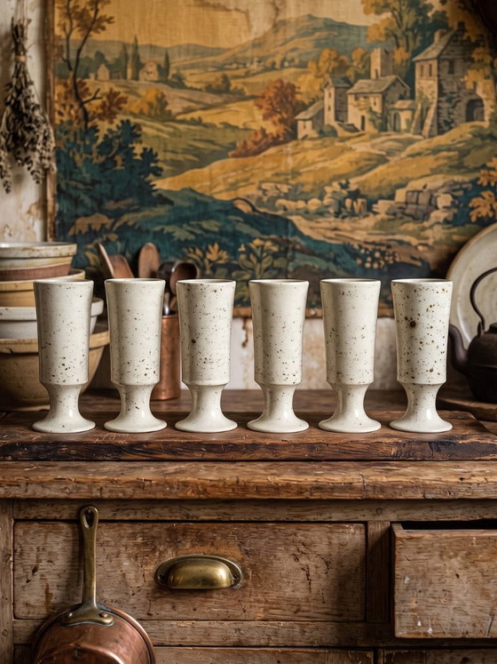 Set of 6 vintage pyritized stoneware mazagrans, 1960s-1980s, Crockery, Ceramic, Creme (photo 2 of 12)